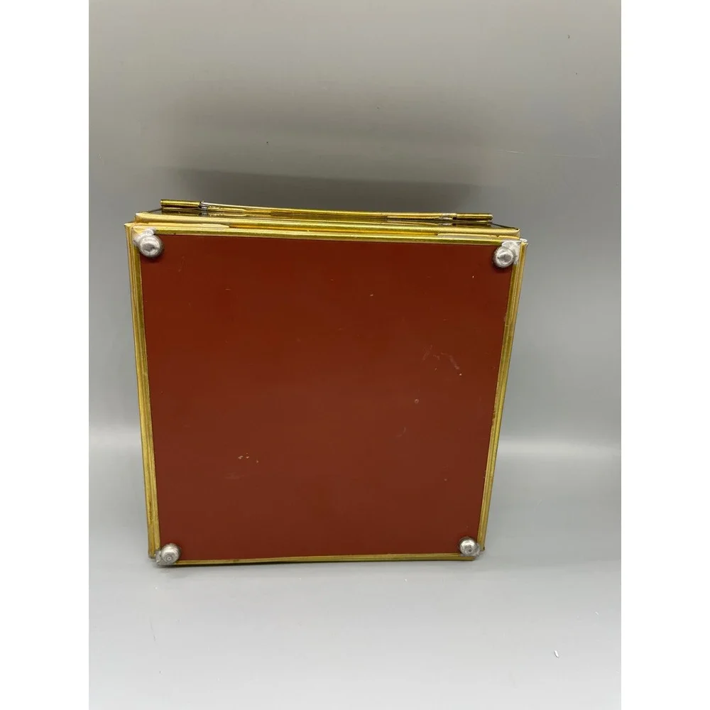 Vintage Red‎ Stained Glass Brass Jewelry Box Etched Hummingbird Floral Mirror